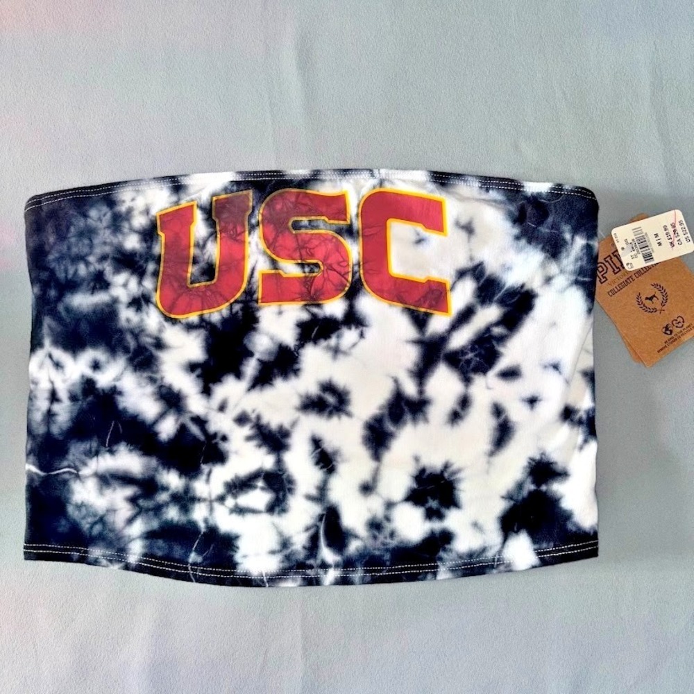 PINK Tube Top Women M Black White NWT USC Trojans Tie Dye Strapless Crop